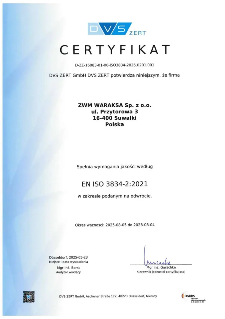 Certyfikat ISO 3834 wersja polska